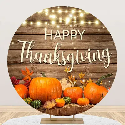 Round Wood Light Turkey Pumpkin Thanksgiving Backdrop