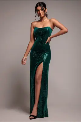 Goddiva Sequin Velvet Bandeau Maxi Dress - Emerald Green