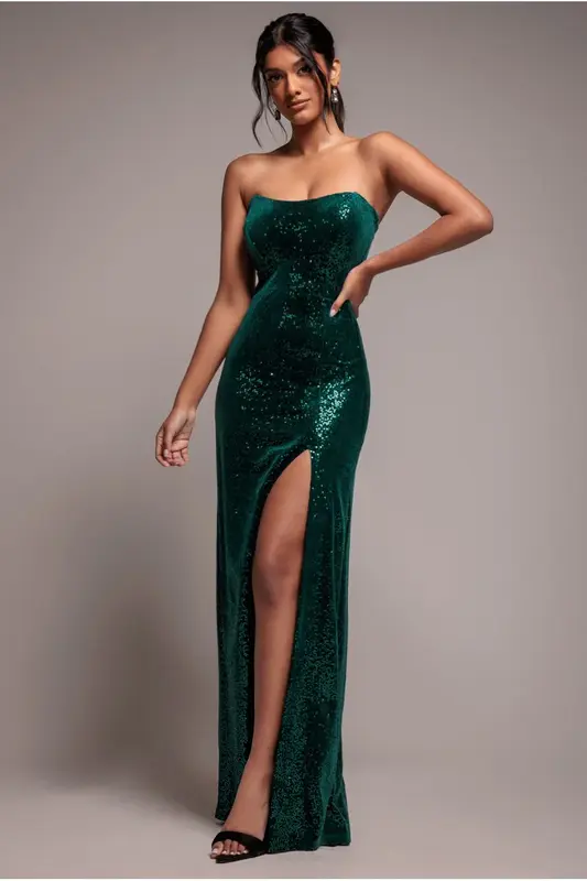 Goddiva Sequin Velvet Bandeau Maxi Dress - Emerald Green