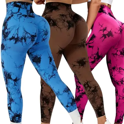 Women's Tie Dye Print High Waist Seamless Sports Leggings，Casual Sporty Comfy Breathable Skinny Pants for Yoga Gym Workout ...