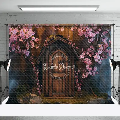 Vintage Wooden House Stone Pink Flowers Backdrop - Aperturee