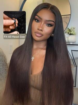 UNice EasiContour™ V Part Black to Chestnut Brown Ombre Yaki Wig With Invisi Drawstring