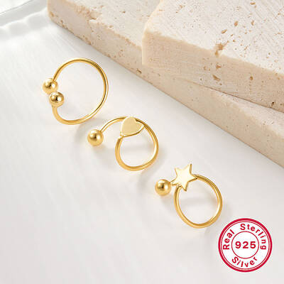 S925 Silver Heart Star Round Bead Cuff Earrings