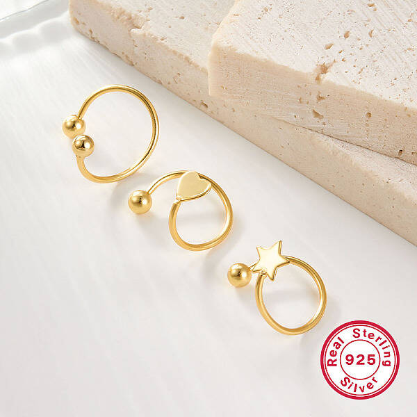 S925 Silver Heart Star Round Bead Cuff Earrings