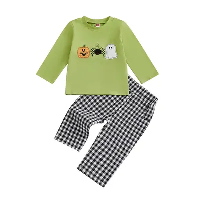 Kids Boys 2-piece Outfit, Long Sleeve Embroidery Pumpkin T-shirt with Plaid Pants Halloween Outfit