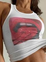 Women's Lip Cherry Print Scoop Neck Ribbed Tank Top, Back To School Fashion Casual Slim Sleeveless Top for Daily Outdoor Wear...