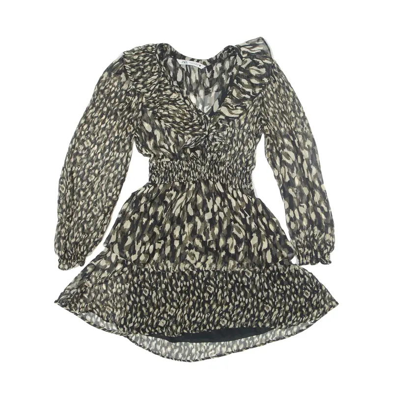 ZARA Sheer Frill Day Dress Black Animal Print Long Sleeve Short Womens UK 4