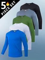 5 Pack Men's sports round neck long sleeved breathable lightweight T-shirt - quick drying, Outdoorfun，solid color, slight e...