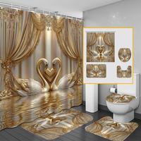 Swan Pattern Bathroom Curtain Set, 4 Counts/set Including Shower Curtain & Toilet U-shape Mat & Toilet Lid Cover & Bath Mat, ...
