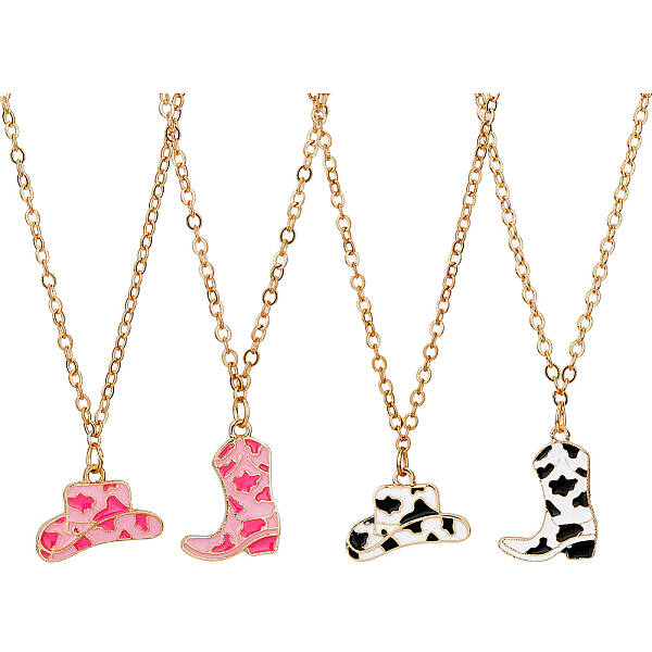 4Pcs 4 Style Hat & Shoes Enamel Pendant Necklaces Set with Cable Chains