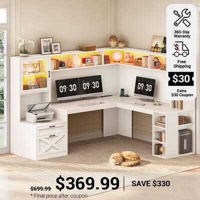 SEDETA | 67.9 Inch L Shaped Computer Desk with Drawers LED Lights Power Outlet Farmhouse Office Desk with Double Hutch Storag...