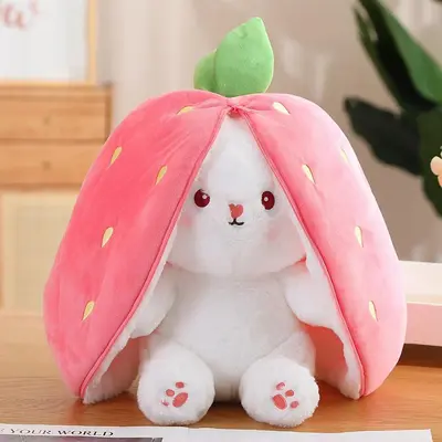 Bunny Plush Toy – Strawberry & Carrot Outfit Bunny Stuffed Animal for Kids, Girls & Kawaii Gift Giving