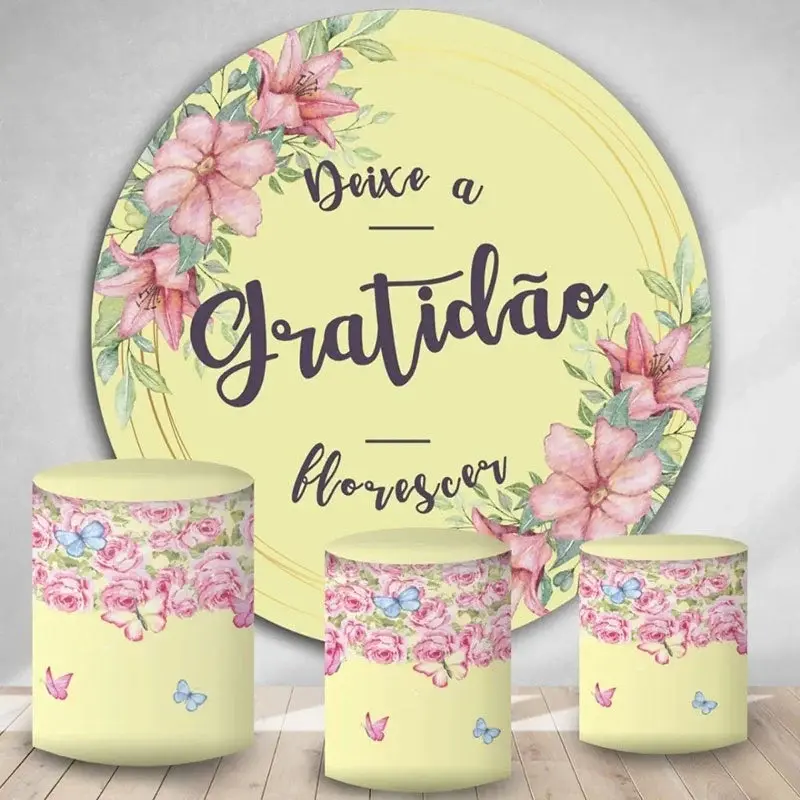 Aperturee Pink Floral And Light Yellow Round Birthday Backdrop Kit | Custom Round Backdrop | Round Party Backdrop | Circle Ba...