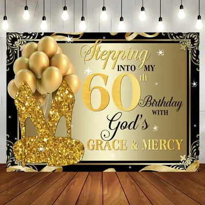 Gold Glitter Heels Stepping into 60th Birthday Backdrop - Aperturee