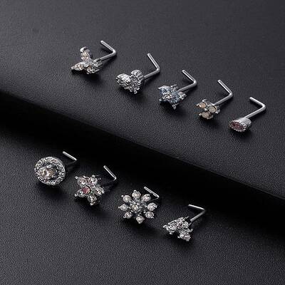 316L Surgical Stainless Steel Clear Cubic Zirconia L-Shaped Nose Rings