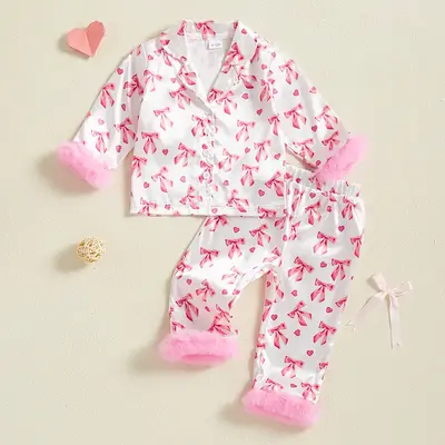 Toddler Baby Girl Valentine Pajamas Sets Bow Print Plush Laple Long Sleeve Tops with Pants Clothing