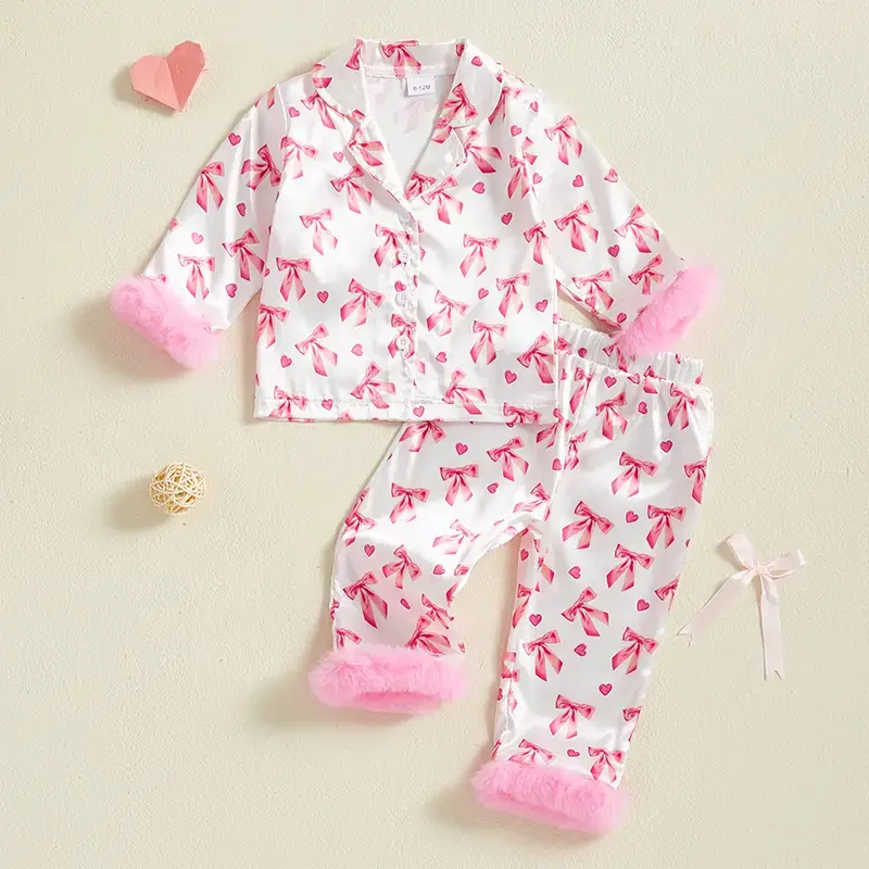 Toddler Baby Girl Valentine Pajamas Sets Bow Print Plush Laple Long Sleeve Tops with Pants Clothing