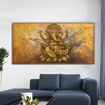 Abstract Ganesha Painting On Canvas Art Gold Wall Art Painting Hindu God Painting Vinayaka Art Ganapati Decoration | GANESHA