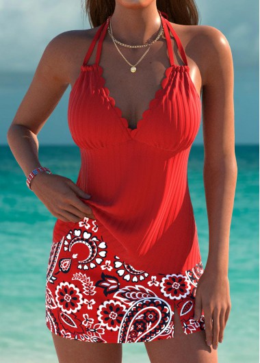 Modlily Mid Waisted Paisley Print Red Tankini Set - XL