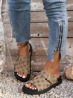 Fashionable Floral Pattern Khaki Slides, Flat Sandal, Casual Comfortable Slippers for Summer, Lightweight Breathable Slippers...
