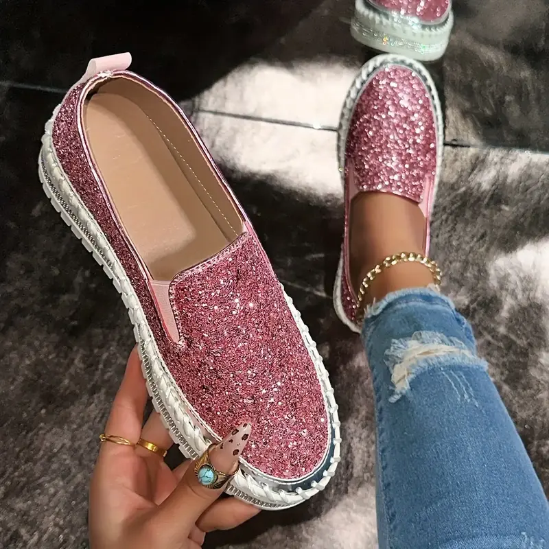 Women's Elegant Sequin Slip-On Flats - Comfortable TPR Sole Non-Slip All-Season Fashion Sneakers with Metallic Toe Detail Cas...