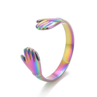 Ion Plating(IP) Rainbow Color  304 Stainless Steel Double Hand Hug Open Cuff Ring for Women