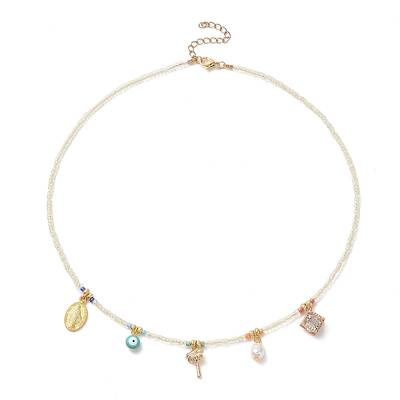 Virgin Mary & Tree & Evil Eye Alloy & Brass Pendant Necklace with Glass Seed Beaded Chains for Women