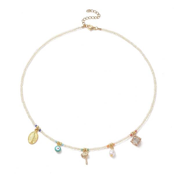 Virgin Mary & Tree & Evil Eye Alloy & Brass Pendant Necklace with Glass Seed Beaded Chains for Women