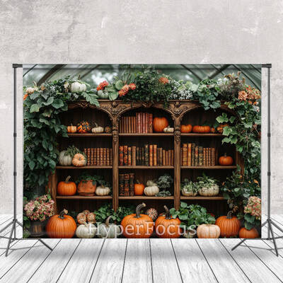 Greenhouse Bookshelf Pumpkins Autumn Photo Backdrop - Aperturee