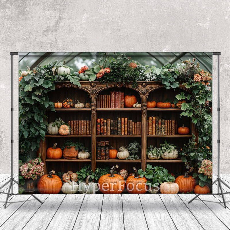 Greenhouse Bookshelf Pumpkins Autumn Photo Backdrop - Aperturee