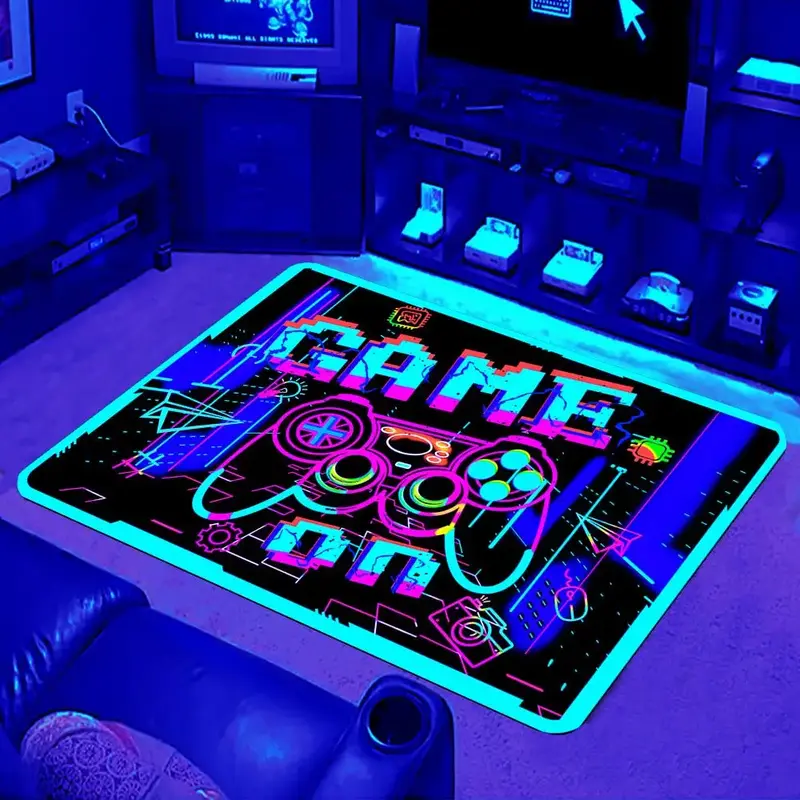 Gaming Themed Pattern Non-slip Rug, UV Reactive Glow in the Black Area Carpet, Floor Carpet for Home Living Room Bedroom, Sum...