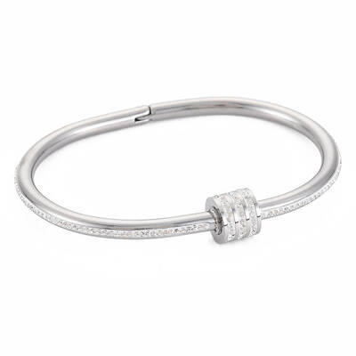 Stainless Steel Bangle with Crystal Rhinestone Column Screw Shackle for Women