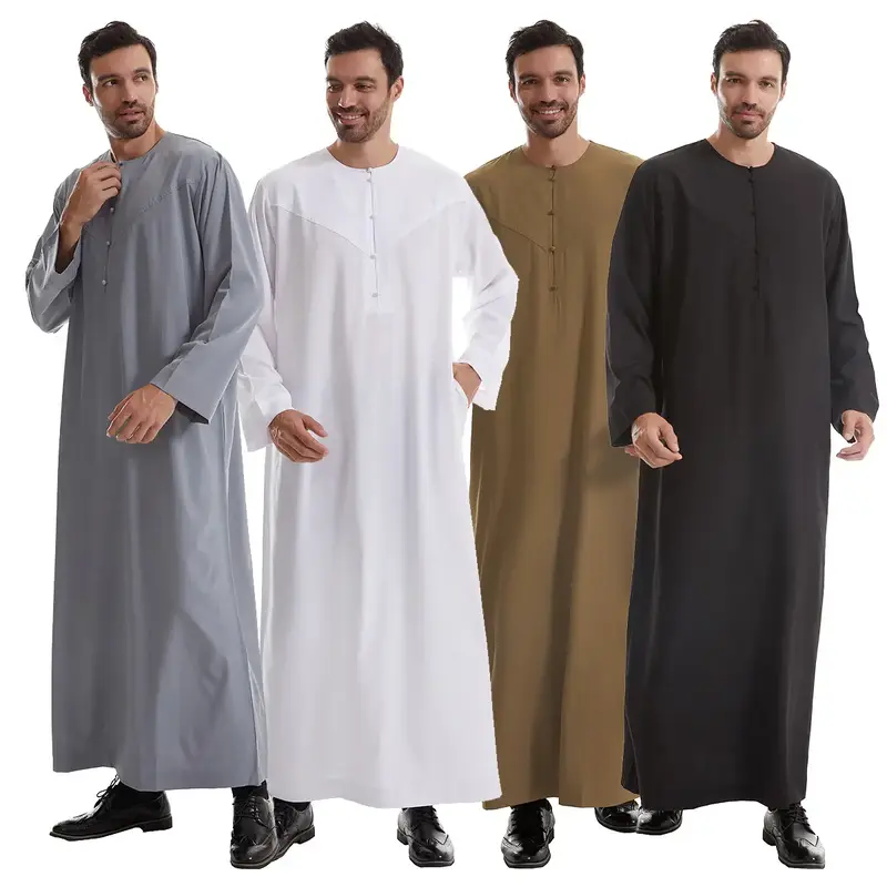 Breathable Middle East Mens Robe Pure Color Stitched Long Dress Muslim Big Size Round Neck Retro Button Design Ethnic Worship...