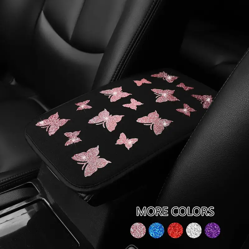 Butterfly Pattern Car Armrest Pad, Waterproof Glitter Armrest Box Mat, Car Interior Decoration Accessories for Women, Car Acc...