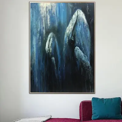 Large Whales Painting Original Animal Paintings On Canvas Blue Acrylic Painting Textured FIne Art Handmade Oil Painting | WHA...