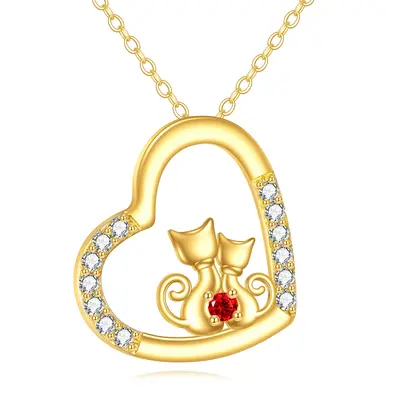 14K Gold Cubic Zirconia Two Cat & Heart Pendant Necklace
