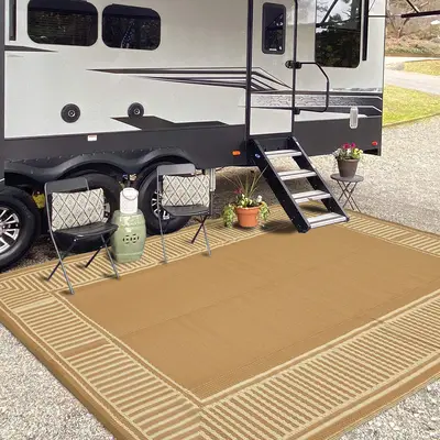 Garvee Reversible Waterproof Outdoor Rug - Modern Brown Plastic Straw Patio Mat - Sturdy & Striped, UV Resistant, Easy Clean ...