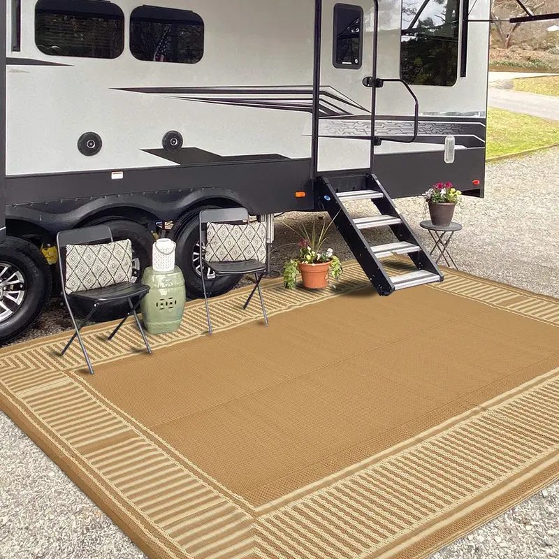 Garvee Reversible Waterproof Outdoor Rug - Modern Brown Plastic Straw Patio Mat - Sturdy & Striped, UV Resistant, Easy Clean ...