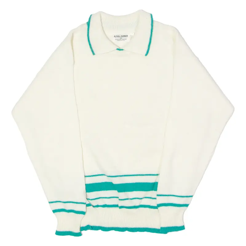 Vintage ALFRED DUNNER Mens Jumper Cream Striped Collared 80s Tight Knit Wool M