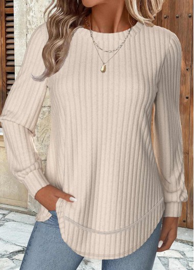 Modlily Beige Long Sleeve Round Neck Sweatshirt - XL