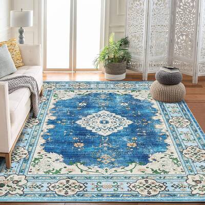 Garvee 9x12 Washable Blue Area Rug Floral Boho Vintage Non Slip for Living Room Bedroom Dining Room Nursery Kids Room Office ...