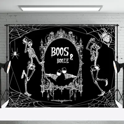 Black White Skeleton Boos Booze Halloween Backdrop - Aperturee