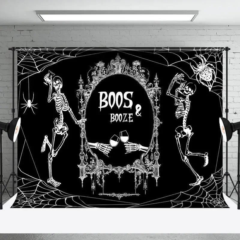 Black White Skeleton Boos Booze Halloween Backdrop - Aperturee