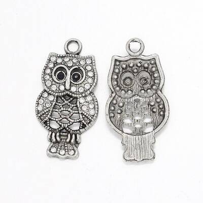 Antique Silver Alloy Rhinestone Owl Pendants for Halloween Jewelry