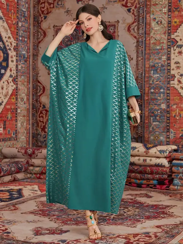 Women's Patchwork Print Open Front Cape Dress, Modest Casual Long Sleeve Dress for Daily Wear, Ladies Clothes for All Seasons