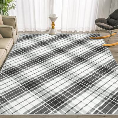Garvee Area Rugs 9x12 Living Room Washable Rug Modern Plaid Black Rug Low Pile Non Slip Cross Lines Print Carpet Indoor Soft ...