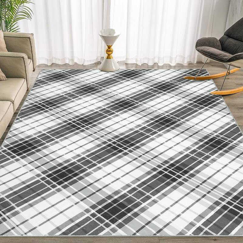 Garvee Area Rugs 9x12 Living Room Washable Rug Modern Plaid Black Rug Low Pile Non Slip Cross Lines Print Carpet Indoor Soft ...