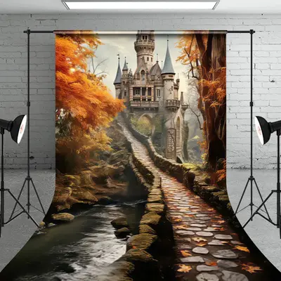 Aperturee Autumn Maple Grove Stone Path Castle Photo Backdrop