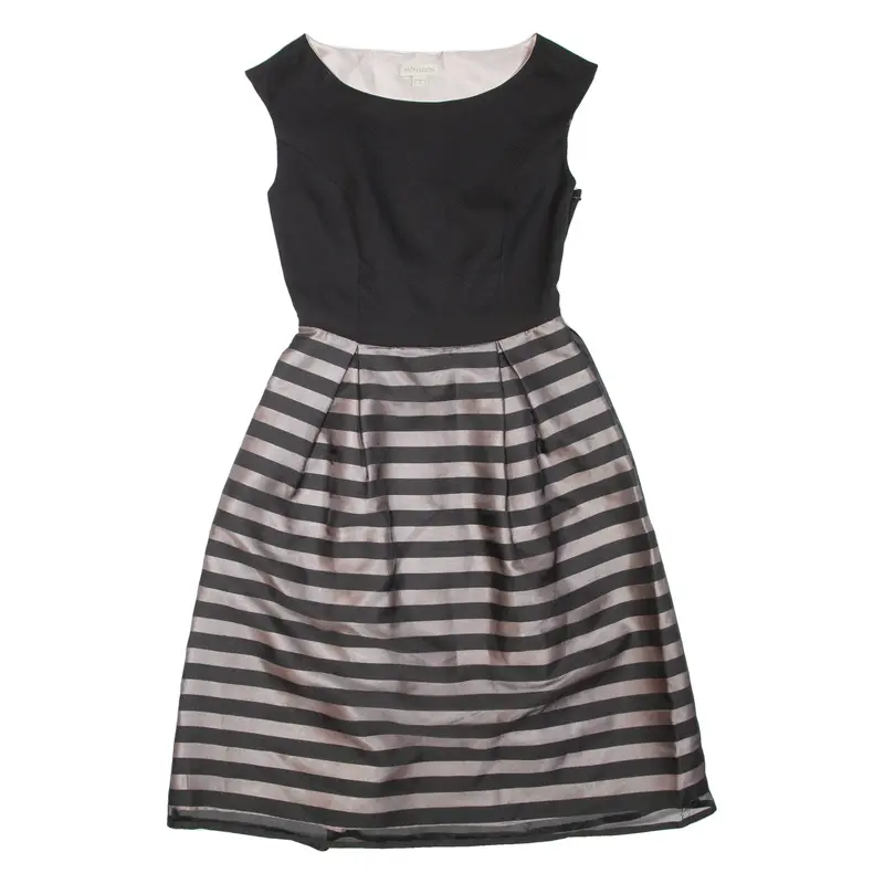 MONSOON Belted Womens Fit & Flare Dress Black Striped Sleeveless Short UK 8