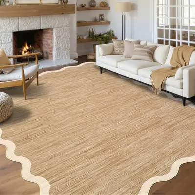 Garvee Scalloped Washable Rug 6x9 Non Slip Soft Low Pile Stain Resistant Light Brown for Living Room Bedroom Nursery